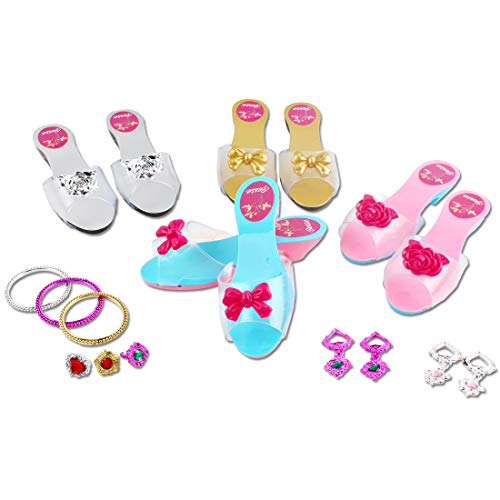 deAO Juego de Zapatos y Accesorios de Princesa Conjunto Infantil de Imitación 4 Pares de Zapatos de Tacón y 8 Joyas Fabricado en Plástico