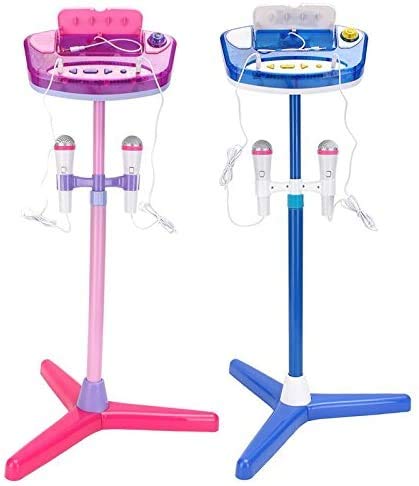 deAO Karaoke Infantil Dúo Conjunto Musical de 2 Micrófonos con Soporte de Pie, Amplificador, Puerto Externo y Luces LED (Azul)