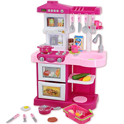 deAO Mi Little Chef - Cocinita de Juguete con 30 accesorios incluidos, Rosa