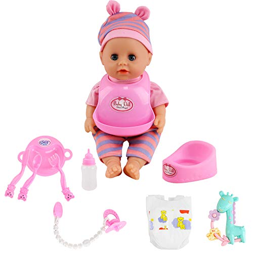 deAO Mi Primera Muñeca Bebé Conjunto Incluye Muñeca de 14” con Pijama, Cuna con Móvil y Ropa de Cama, Trona, Sonajero, Orinal y Más Accesorios (Multicolor 2)