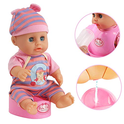 deAO Mi Primera Muñeca Bebé Conjunto Incluye Muñeca de 14” con Pijama, Cuna con Móvil y Ropa de Cama, Trona, Sonajero, Orinal y Más Accesorios (Multicolor 2)