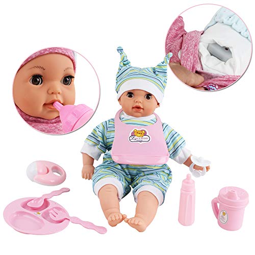 deAO Mi Primera Muñeca Bebé Conjunto Interactivo Set Incluye Muñeca de 14” con Sonidos, Pijama, Andador y Accesorios