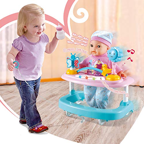 deAO Mi Primera Muñeca Bebé Conjunto Interactivo Set Incluye Muñeca de 14” con Sonidos, Pijama, Andador y Accesorios