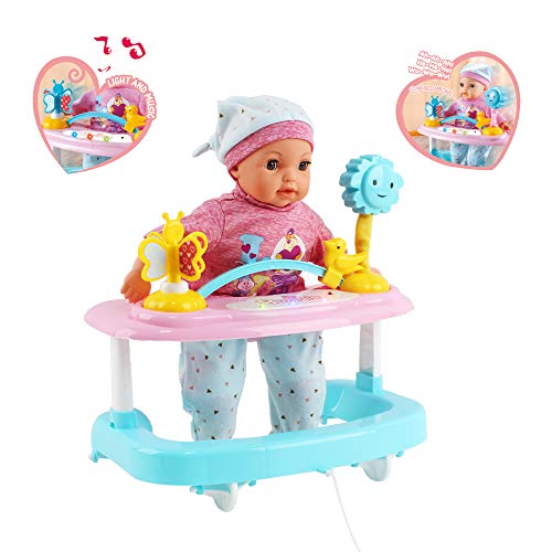 deAO Mi Primera Muñeca Bebé Conjunto Interactivo Set Incluye Muñeca de 14” con Sonidos, Pijama, Andador y Accesorios