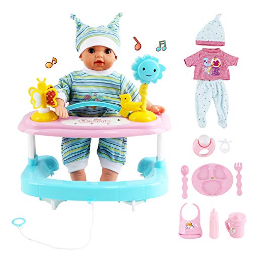 deAO Mi Primera Muñeca Bebé Conjunto Interactivo Set Incluye Muñeca de 14” con Sonidos, Pijama, Andador y Accesorios