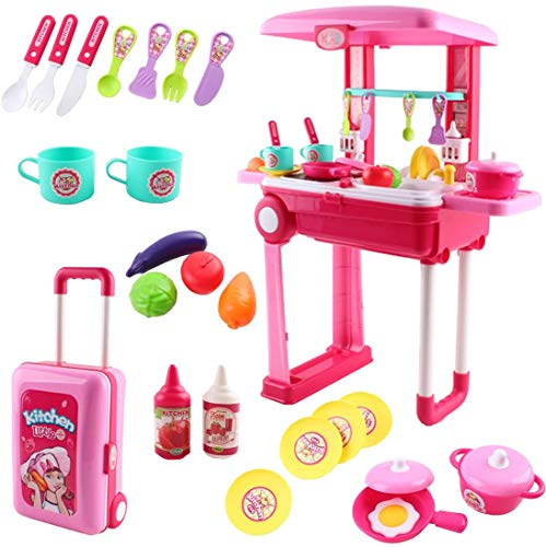 deAO Pequeño Chef Set de Cocinita Plegable en Maleta Convertible Maletín de Juegos con Accesorios, Luces, Sonidos (Rosa) , color/modelo surtido