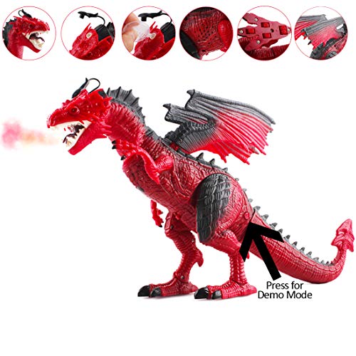 deAO RC Dragón Inteligente Robot Teledirigido con Luces, Sonidos y Efecto de Humo Juguete Electrónico Multifuncional Incluye 3 Figuras de Dinosaurios Mini Adicionales (Rojo)