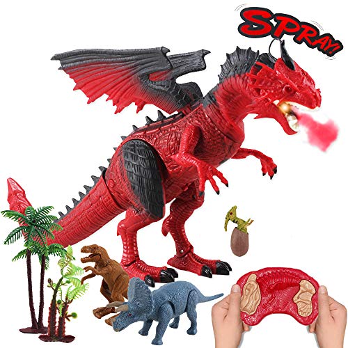 deAO RC Dragón Inteligente Robot Teledirigido con Luces, Sonidos y Efecto de Humo Juguete Electrónico Multifuncional Incluye 3 Figuras de Dinosaurios Mini Adicionales (Rojo)