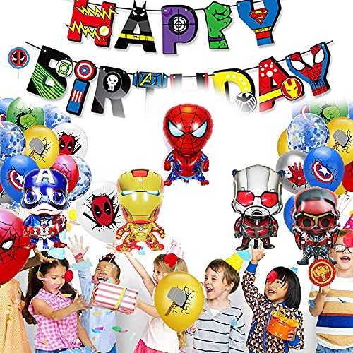 Decoracion Cumpleaños Superheroes Globos de Superhéroe Feliz Cumpleaños del Pancarta Superheroes Adornos de Pastel Superhéroe Marvel Cumpleaños Decoracion