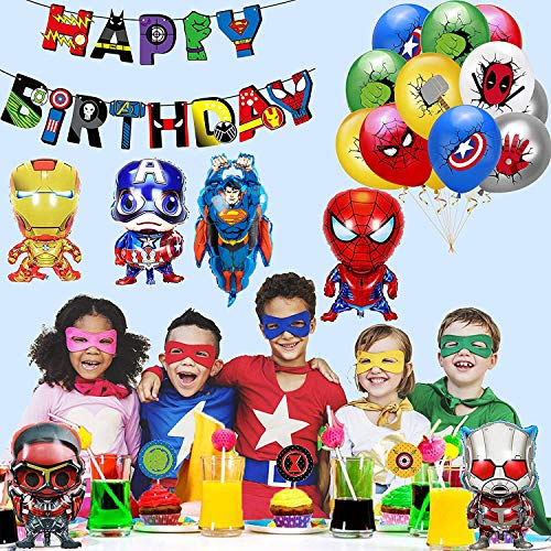 Decoracion Cumpleaños Superheroes Globos de Superhéroe Feliz Cumpleaños del Pancarta Superheroes Adornos de Pastel Superhéroe Marvel Cumpleaños Decoracion (A)