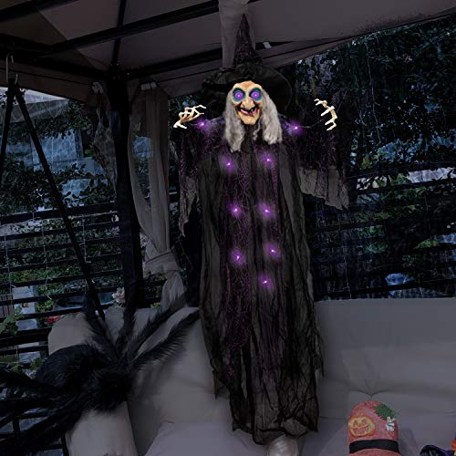 Decoración de Bruja Parlante Colgante de 183 cm (Verde) con Ojos Iluminados y Función de Activación de Sonido para Decoración de Casa Encantada de Halloween