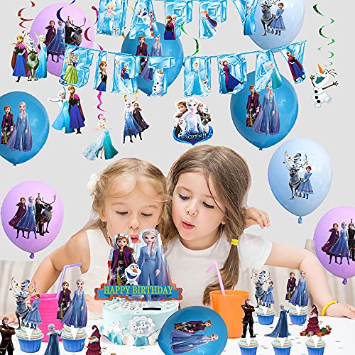 Decoración de Cumpleaños Frozen Globos Pancarta de Feliz Cumpleaños Adorno para Tarta Congelada Remolinos Colgantes para Niños Niñas Fiesta de Cumpleaños Decoracion