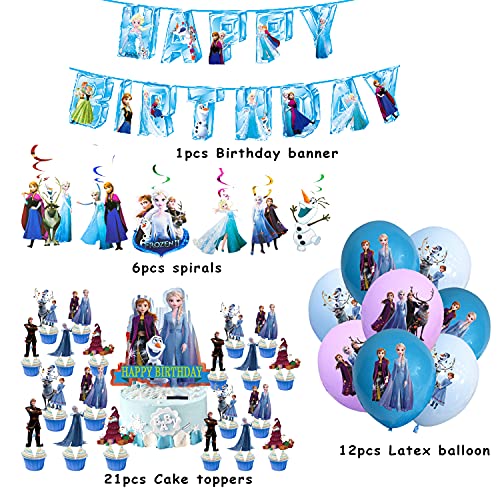 Decoración de Cumpleaños Frozen Globos Pancarta de Feliz Cumpleaños Adorno para Tarta Congelada Remolinos Colgantes para Niños Niñas Fiesta de Cumpleaños Decoracion