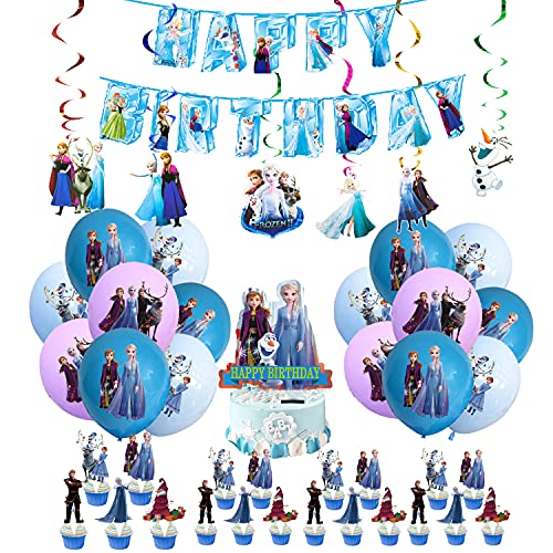 Decoración de Cumpleaños Frozen Globos Pancarta de Feliz Cumpleaños Adorno para Tarta Congelada Remolinos Colgantes para Niños Niñas Fiesta de Cumpleaños Decoracion