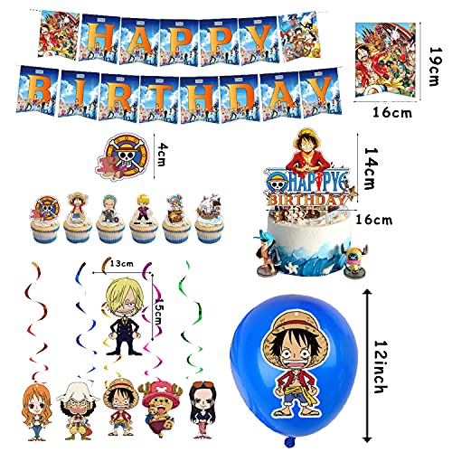 Decoración de Cumpleaños One Piece Globos Pancarta de Feliz Cumpleaños Decoracion Tarta Adornos de Remolinos Colgantes para Niños Anime Artículos de Fiesta de Cumpleaños Temáticos