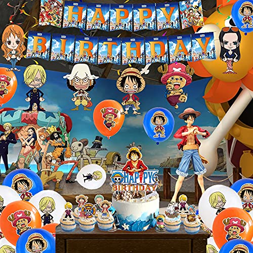 Decoración de Cumpleaños One Piece Globos Pancarta de Feliz Cumpleaños Decoracion Tarta Adornos de Remolinos Colgantes para Niños Anime Artículos de Fiesta de Cumpleaños Temáticos