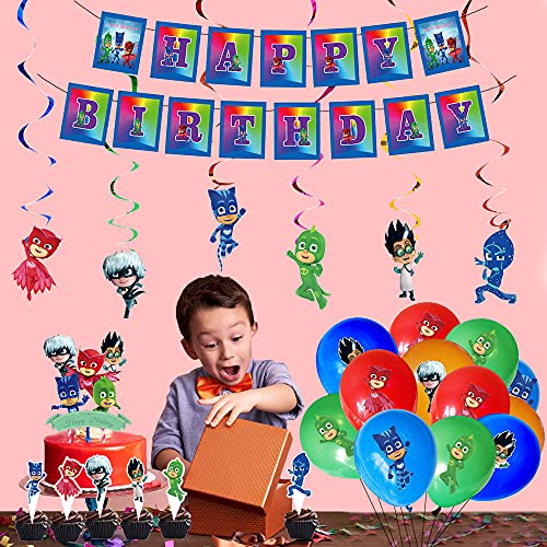 Decoración de Cumpleaños PJ Masks Globos Pancarta de Feliz Cumpleaños Adorno para Tarta Remolinos Colgantes para Niños Pijamask Fiesta de Cumpleaños Decoracion