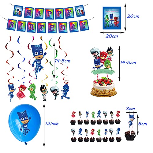 Decoración de Cumpleaños PJ Masks Globos Pancarta de Feliz Cumpleaños Adorno para Tarta Remolinos Colgantes para Niños Pijamask Fiesta de Cumpleaños Decoracion