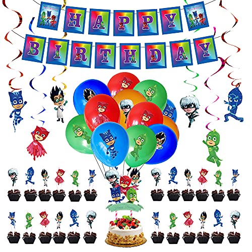 Decoración de Cumpleaños PJ Masks Globos Pancarta de Feliz Cumpleaños Adorno para Tarta Remolinos Colgantes para Niños Pijamask Fiesta de Cumpleaños Decoracion