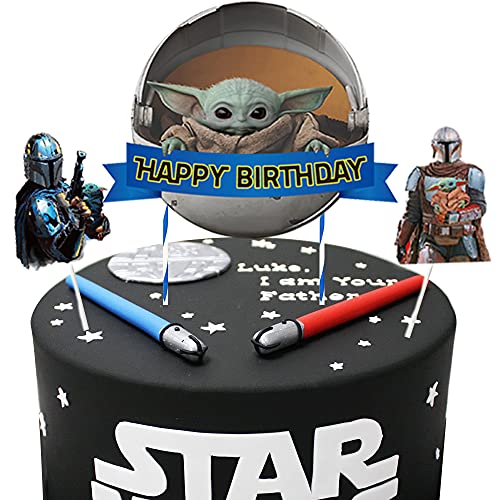 Decoración para tartas de Yoda para bebé, con temática mandaloriana, 3 piezas de Star Wars Happy Birthday Baby Cute Yoda, suministros de fiesta para tartas para fanáticos de Star Wars