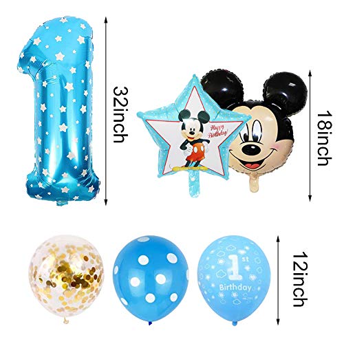 Decoraciones de Cumpleaños de Mickey Mouse, BESTZY 1er Cumpleaños Bebe Azul Globos Decoraciones de Fiesta Temática Azul de Mickey Globos de Confeti de Latex Boy