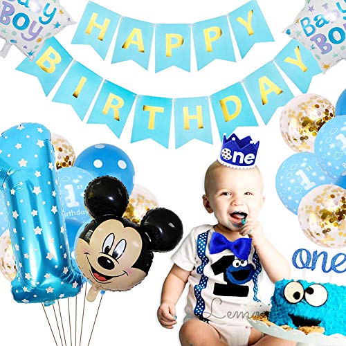 Decoraciones de Cumpleaños de Mickey Mouse, BESTZY 1er Cumpleaños Bebe Azul Globos Decoraciones de Fiesta Temática Azul de Mickey Globos de Confeti de Latex Boy