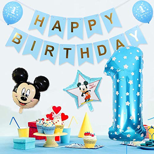 Decoraciones de Cumpleaños de Mickey Mouse, BESTZY 1er Cumpleaños Bebe Azul Globos Decoraciones de Fiesta Temática Azul de Mickey Globos de Confeti de Latex Boy