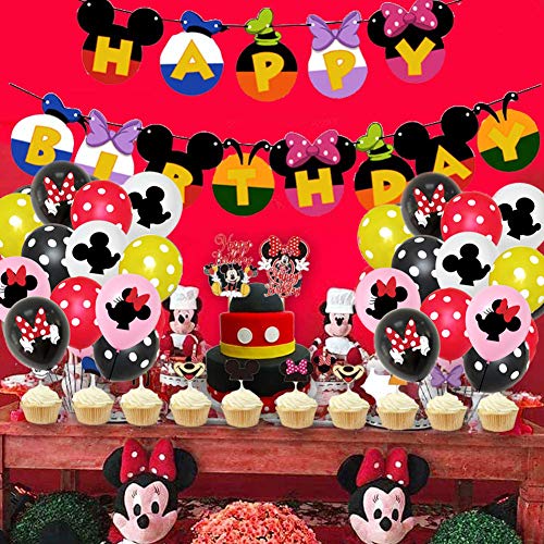 Decoraciones de cumpleaños de Mickey Mouse,39 PCS Banner de Happy Birthday adorno de pastel Globos de lunares para la fiesta temática de Mickey Mouse