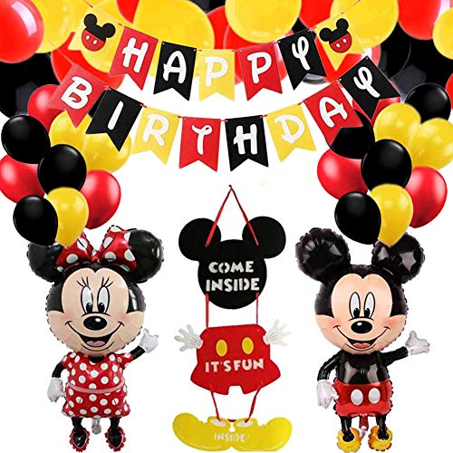 Decoraciones de Cumpleaños de Mouse,Petite Souris con Globos Rojos,Negros y Amarillo Guirnalda Feliz Cumpleaños,Pancarta de Feliz Cumpleaños para Niños Cumpleaños de Chicas Baby Shower