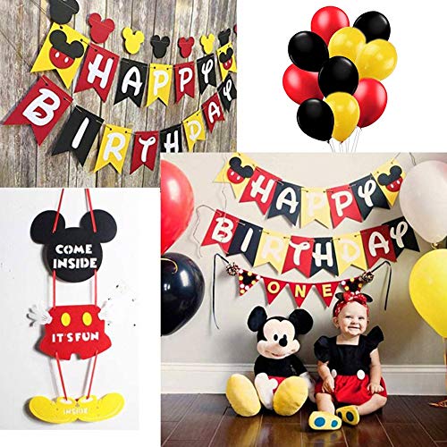 Decoraciones de Cumpleaños de Mouse,Petite Souris con Globos Rojos,Negros y Amarillo Guirnalda Feliz Cumpleaños,Pancarta de Feliz Cumpleaños para Niños Cumpleaños de Chicas Baby Shower