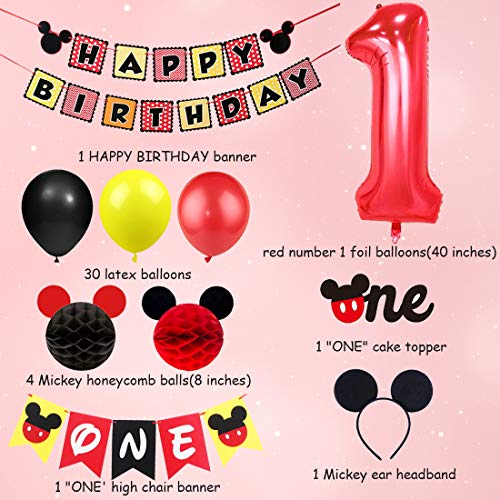 Decoraciones de Fiesta de cumpleaños temáticas de Mickey con Diadema de Oreja, Pancarta de cumpleaños y Silla, Bolas de Nido de Abeja y Globo de Papel de Aluminio número 1 para el Primer cumpleaños