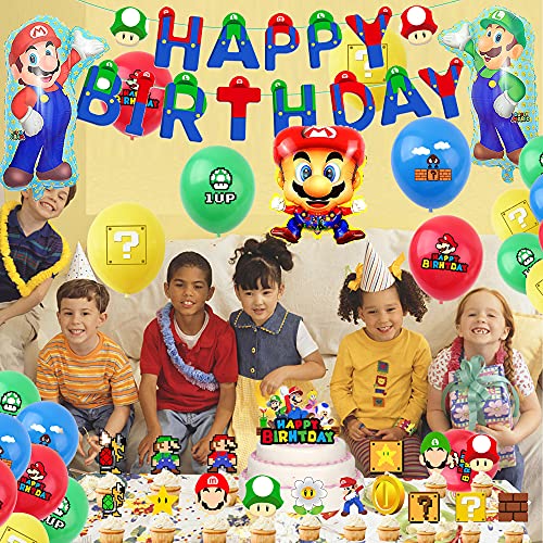 Decoraciones Fiestas Super Mario Globos Mario Bros Banner de Feliz Cumpleaños de Mario Bros Globos de Papel Aluminio de Cumpleaños de Super Mario Decoración para Tarta de Mario Bros