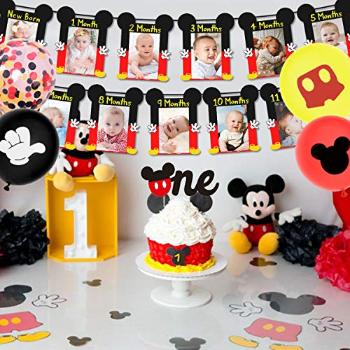 Decoraciones para el Primer cumpleaños con temática de Mickey, niño Mickey NB a 12 Meses Pancarta para Fotos decoración para Tartas Pancarta para Trona Sombreros de cumpleaños para niños