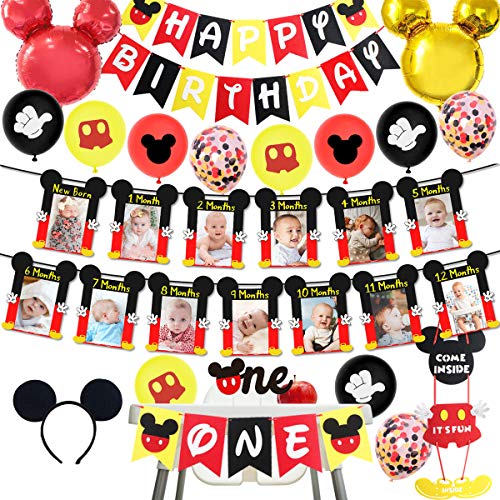 Decoraciones para el Primer cumpleaños con temática de Mickey, niño Mickey NB a 12 Meses Pancarta para Fotos decoración para Tartas Pancarta para Trona Sombreros de cumpleaños para niños