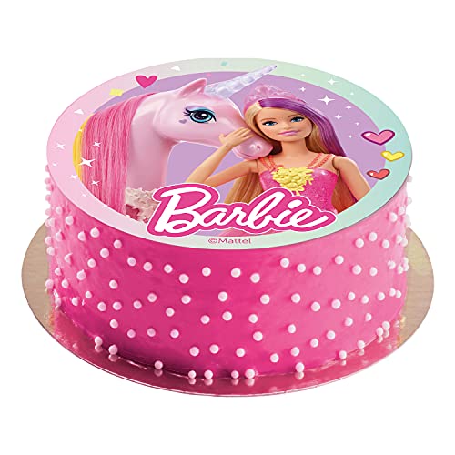 Dekora - Decoracion Tartas de Cumpleaños Infantiles en Disco de Oblea Comestible de Barbie - Licencia Oficial - Sin Gluten, Sin Azúcar, Sin Lactosa, Apto para Vegetarianos - 20 cm de Diámetro, 160162