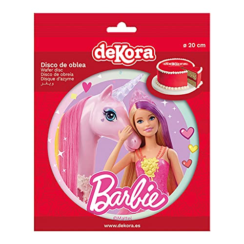 Dekora - Decoracion Tartas de Cumpleaños Infantiles en Disco de Oblea Comestible de Barbie - Licencia Oficial - Sin Gluten, Sin Azúcar, Sin Lactosa, Apto para Vegetarianos - 20 cm de Diámetro, 160162