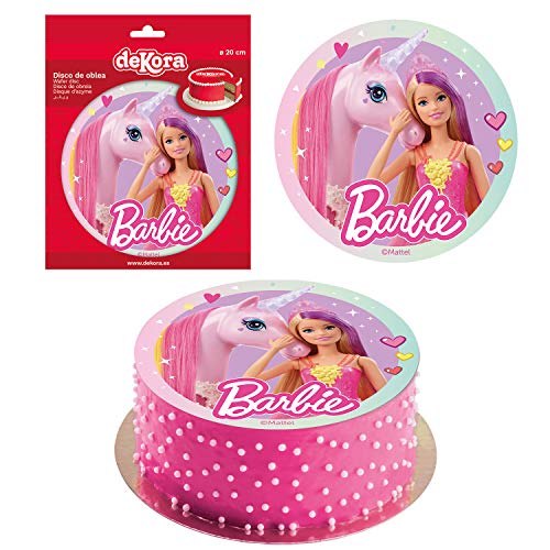 Dekora - Decoracion Tartas de Cumpleaños Infantiles en Disco de Oblea Comestible de Barbie - Licencia Oficial - Sin Gluten, Sin Azúcar, Sin Lactosa, Apto para Vegetarianos - 20 cm de Diámetro, 160162