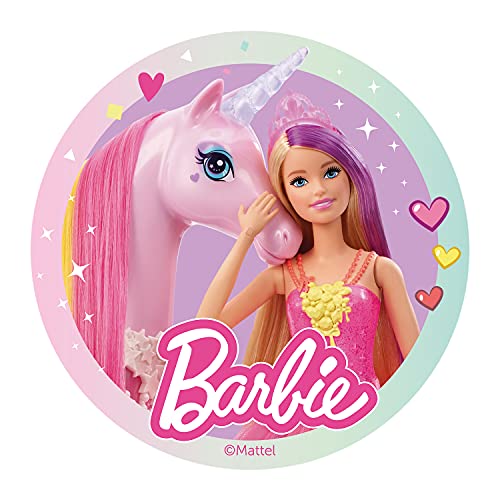 Dekora - Decoracion Tartas de Cumpleaños Infantiles en Disco de Oblea Comestible de Barbie - Licencia Oficial - Sin Gluten, Sin Azúcar, Sin Lactosa, Apto para Vegetarianos - 20 cm de Diámetro, 160162