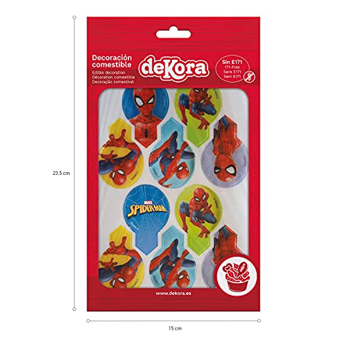 dekora Dekorapin Decoración Comestible para Tartas Cupcakes o Pasteles de Cumpleaños Infantiles, 20 Obleas Comestibles de Spiderman el Hombre Araña Tamaño 6,5x4cm, 135017