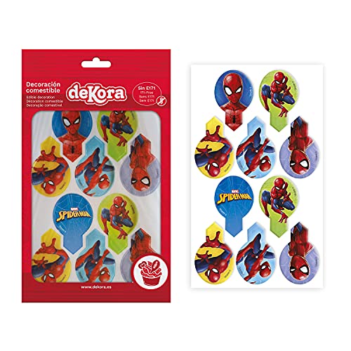 dekora Dekorapin Decoración Comestible para Tartas Cupcakes o Pasteles de Cumpleaños Infantiles, 20 Obleas Comestibles de Spiderman el Hombre Araña Tamaño 6,5x4cm, 135017