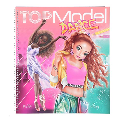 Depesche 11453 TOPModel - Libro para Colorear Dance, Divertidos Trajes de Baile para diseñar, 30 Figuras predibujadas, 3 Plantillas, 2 Hojas de Pegatinas y 8 Impresiones de Tela para Recortar.