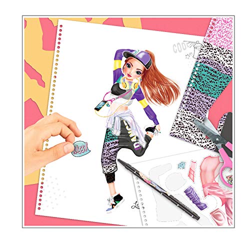 Depesche 11453 TOPModel - Libro para Colorear Dance, Divertidos Trajes de Baile para diseñar, 30 Figuras predibujadas, 3 Plantillas, 2 Hojas de Pegatinas y 8 Impresiones de Tela para Recortar.