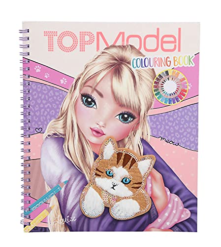 Depesche-DP-0011450 TOPModel-Libro 40 Gatos para Colorear y Hoja de Pegatinas, diseño de Gato con Pelo y Lentejuelas en la Portada, Color carbón (11450)