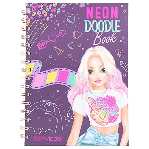 Depesche-DP-0011484 TOPModel Neon Doodle - Libro para Colorear (30 páginas con líneas Fluorescentes en Papel Oscuro, Incluye Pegatinas y 3 bolígrafos de Gel neón), Color carbón (11484)