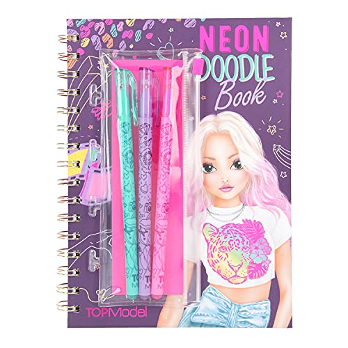 Depesche-DP-0011484 TOPModel Neon Doodle - Libro para Colorear (30 páginas con líneas Fluorescentes en Papel Oscuro, Incluye Pegatinas y 3 bolígrafos de Gel neón), Color carbón (11484)