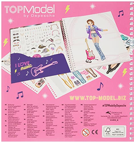 Depesche- Libro TopModel Dress Me Up Popstar, Aprox. 18 x 17,5 cm, con 24 páginas ilustradas y 11 Hojas de Pegatinas para Pegar y diseñar, Color carbón, única (11452)