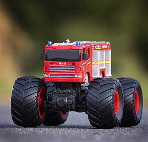 Diawell Coche teledirigido monstruo truck con sonido, bomberos, todoterreno, todoterreno, 2,4 GHz, con baterías recargables como regalo para niños, niños y niñas