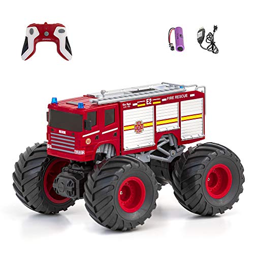 Diawell Coche teledirigido monstruo truck con sonido, bomberos, todoterreno, todoterreno, 2,4 GHz, con baterías recargables como regalo para niños, niños y niñas