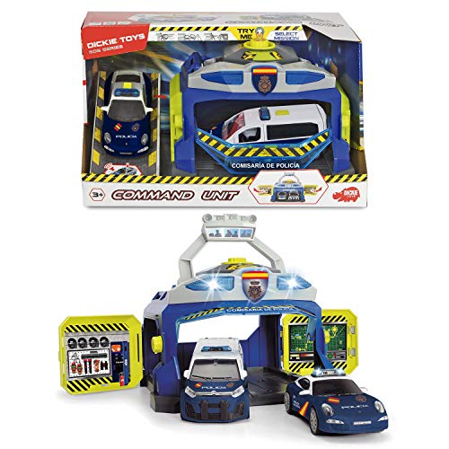 Dickie- Policía Nacional Playset Comisaría con Dos vehículos 17cm 1155020 Juguete con función, Multicolor