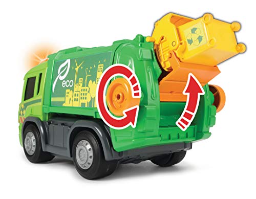 Dickie Toys Happy Series - Camión de Basura Motorizado Scania, con Cubo, Luz, Sonido y Plataforma Móvil, para Niños a partir de 2 Años - 25 cm